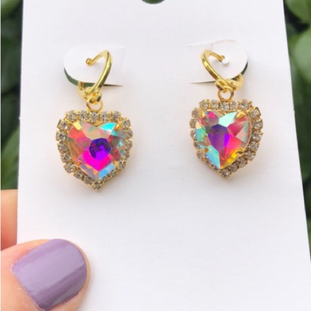 Aurora Borealis Heart Crystal Halo Drop Earrings - Picture 5 of 8